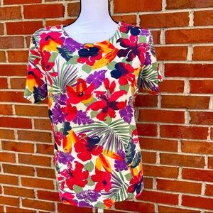 Vintage Jaclyn Smith Sport Hawaiian Floral Print Multicolor T Shirt Womens Small